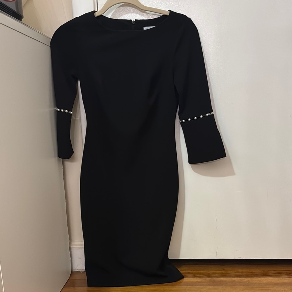 Calvin Klein Black and White Sheath Dress with Bell Sleeves